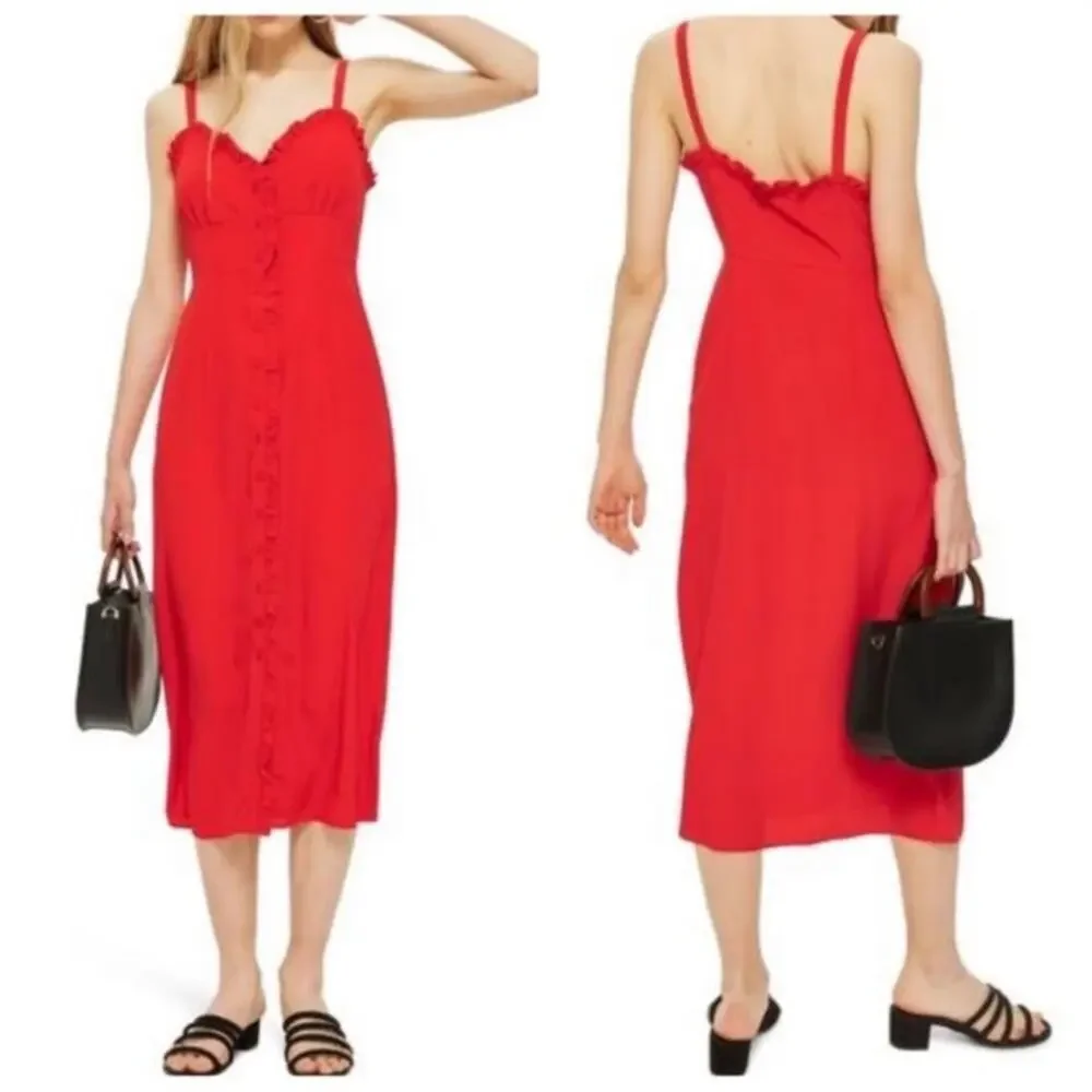 Topshop red ruffle accent button up sweetheart midi sunndress US size 8‎